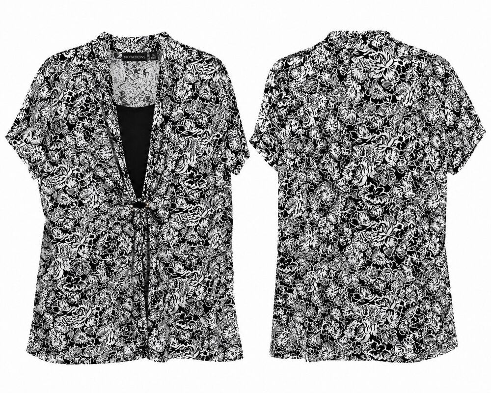 Notations Women’s XL Black White Floral Layered Top Beaded Accent Stretch